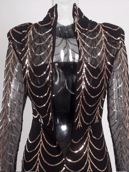 Vestido Formal Longo de Festa com Lantejoulas, Manga Comprida, Gola O Alta, Ombreiras, Forro Comprido, Vestido de Noite para Festa