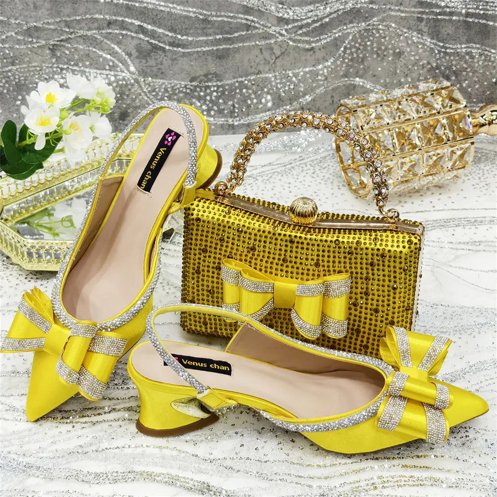 Conjunto Amarelo de Sapatos e Bolsa Femininos Sandálias Africanas Saltos Altos Scarpins Combinando com Bolsa de Mão Clutch Escarpins Femmes Sandales CR373