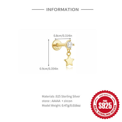 1PC Four Pointed Star Moon Tassel Lotus Cartilage Spiral Puncture 925 Sterling Silver Stud Earring For Women Ins Earring