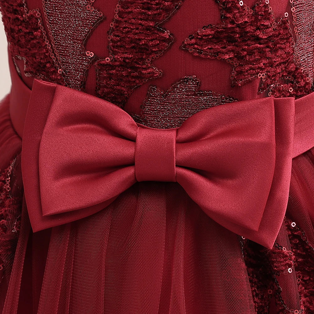 Elegant Party Bridesmaids Girls Dresses Summer Bow Flower Wedding Princess Prom Dress for Girl Tulle Evening Christmas Costumes