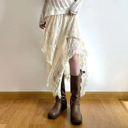 Y2K Korean Style Fashion Floor-Length Long Skirt Summer A-Line Mesh See Through polka Dot Skirt Women High Waist Lace Maxi Skirt