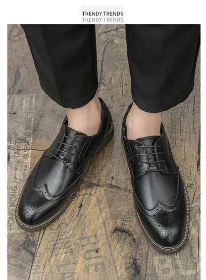 Retro leather shoes - men's brook engraved lace-up British business formal soft-soled fashionable casual trendy shoes