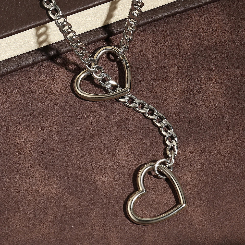 Adjustable Stainless Steel Cuban Link Necklace Hollow Heart Y-Shaped Necklace Punk Rock Style Party Accessories