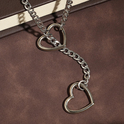 Adjustable Stainless Steel Cuban Link Necklace Hollow Heart Y-Shaped Necklace Punk Rock Style Party Accessories