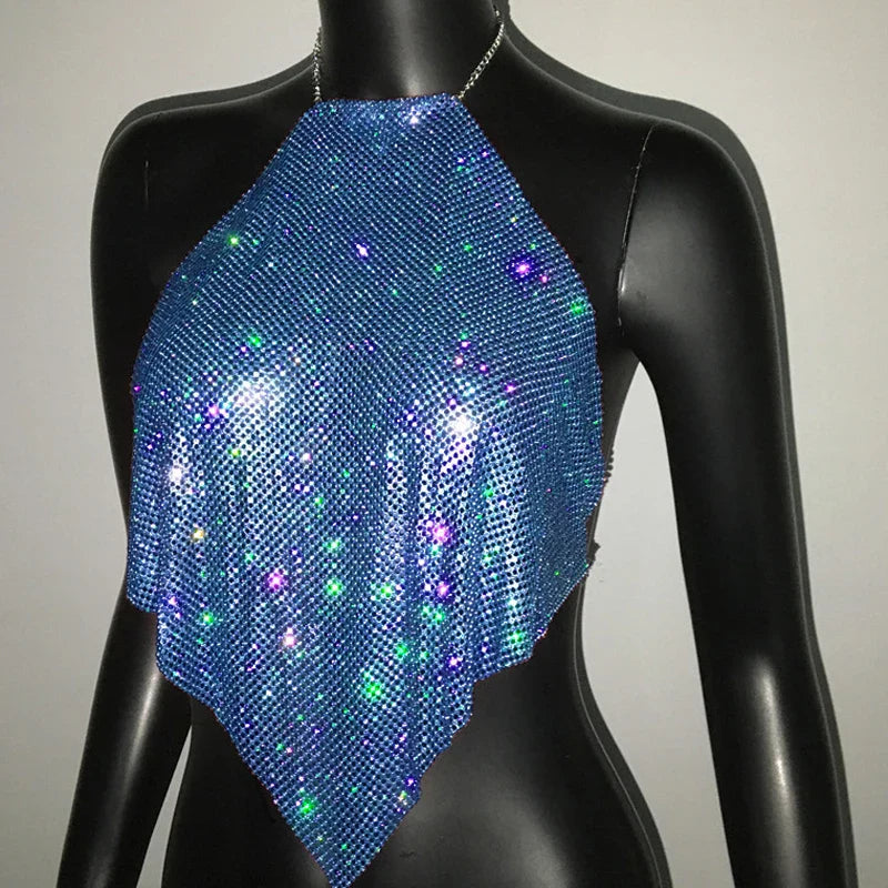 Fashion Summer Backless Tank Top Women Shiny Rhinestone Metal Sequins Halter Neck Camisole Rave Festival Party Crop Tops