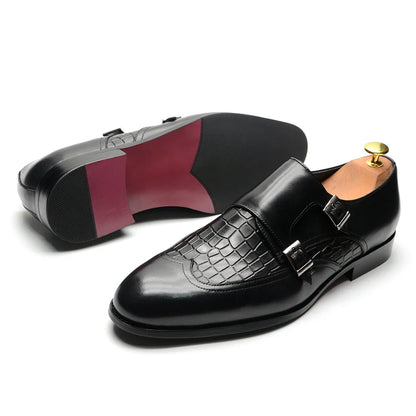 Classic Men's Genuine Leather Dress Shoes Double Buckle Monk Strap Wingtip Crocodile Print Business Office Formal Footwear Man