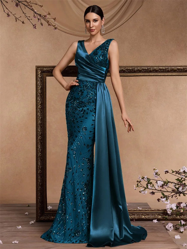 Elegant V-neck Splice Ribbons Sequins Evening Dresses Woman Sleeveless Mermaid Formal Luxury Wedding Party Prom