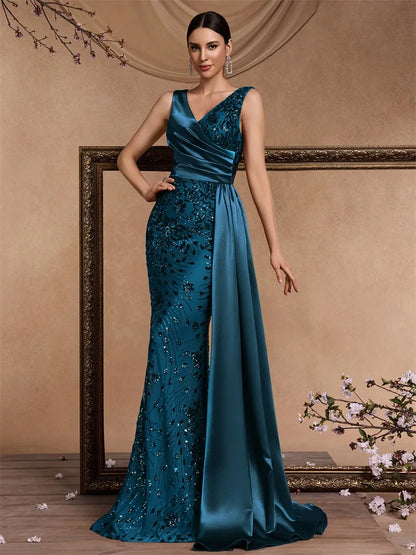 Elegant V-neck Splice Ribbons Sequins Evening Dresses Woman Sleeveless Mermaid Formal Luxury Wedding Party Prom