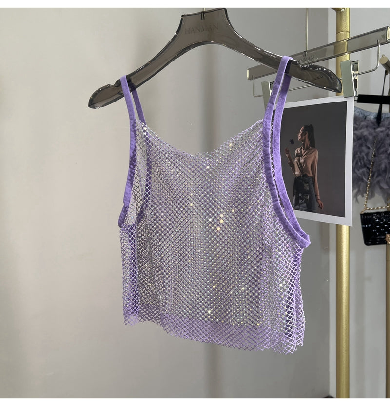 Summer New Mesh Diamond Crystal Short Halter Top AB Color Diamond Sexy Inner Shining Waistless Tops
