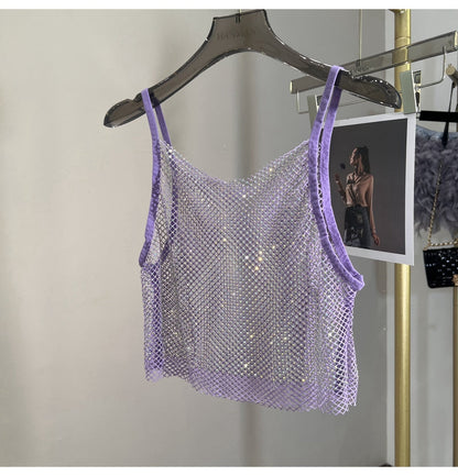 Summer New Mesh Diamond Crystal Short Halter Top AB Color Diamond Sexy Inner Shining Waistless Tops
