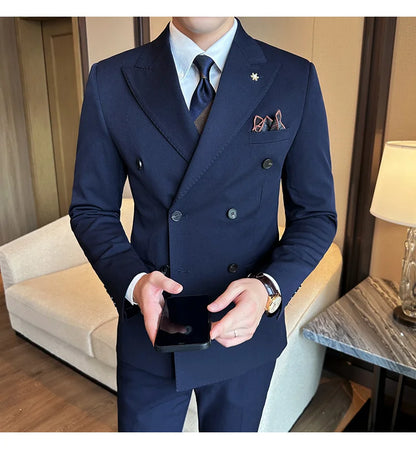 (Jackets+Pants) Luxury Double Breasted Design Slim Fit Suit High Quality Fashion Men's Wedding Social Suit Tuxedo 2 Piece Set