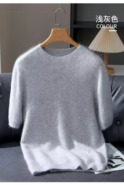 Men's Sweater Pullover Short Sleeved Summer Mink Knit Sweater Loose Round Neck Solid Color Half Sleeved Simple T-Shirt Casualtop