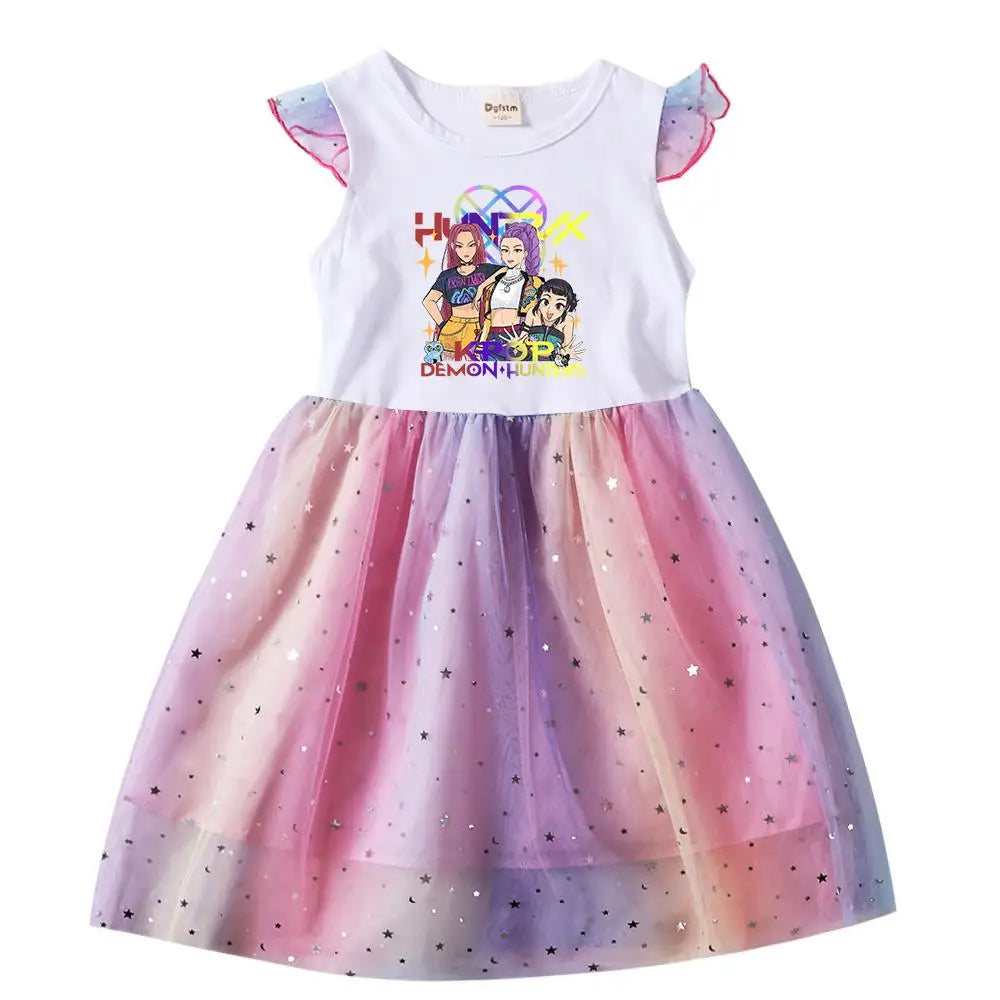 Baby Girls Dress Children Cartoon Mesh Star Sequins Princess Dress Kids Flying Sleeve Skirt For Birthday Gift