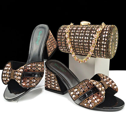 Italian Fashion Banquet Shoes and Bags African Women's Hand Bags with Rhinestone Decoration and Women's High Heels