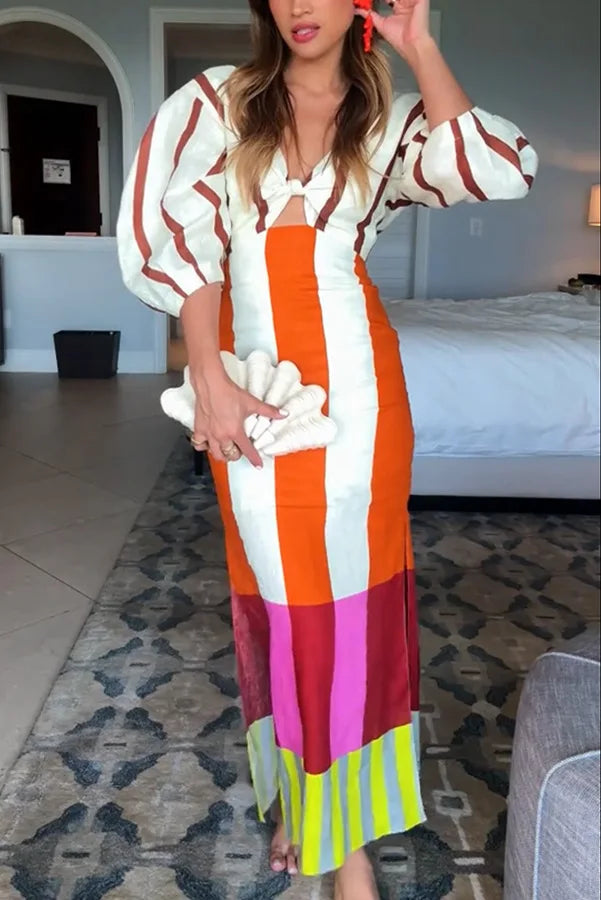 Women Linen Material Long Dresses Fashion Chic Print Sexy V-neck Hollow Out High Waist Party Dress Lady robes