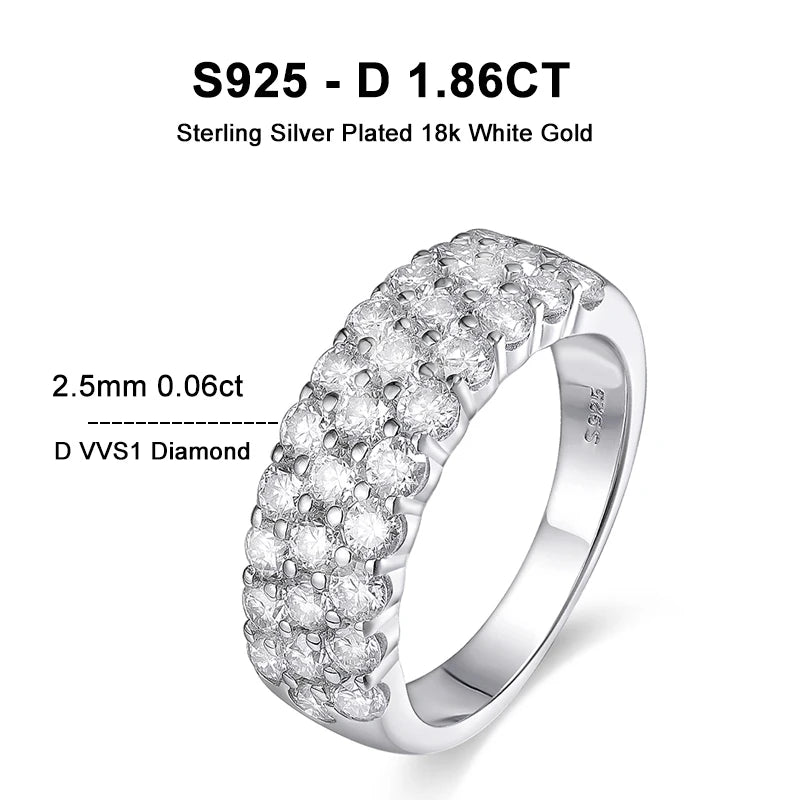 D VVS1 Moissanite Rings for Women Solid 925 Sterling Silver Plated 18k White Gold 3-Row Half Eternity Anniversary Band