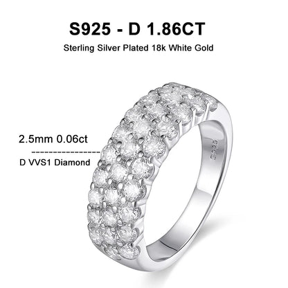 D VVS1 Moissanite Rings for Women Solid 925 Sterling Silver Plated 18k White Gold 3-Row Half Eternity Anniversary Band