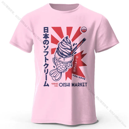 Japanese Foodie Print 100% Cotton T-Shirt, Soft & Breathable Round Neck Short Sleeve Tee, Unisex Cute & Cultural Style