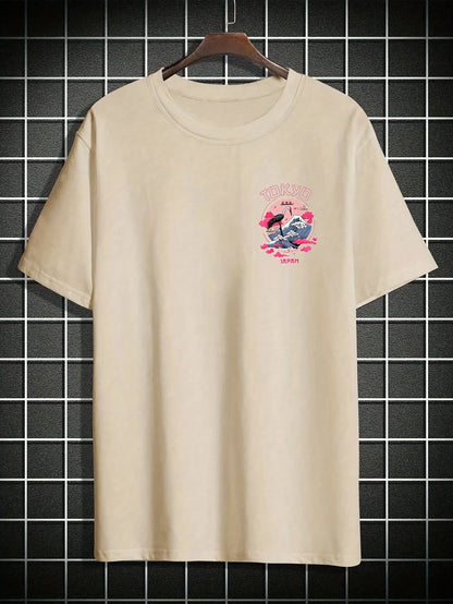 Men's summer 100% cotton Tokyo casual pattern printed fashionable and casual loose round neck short sleeved T-shirt top
