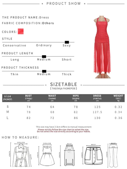 See Through Hem Dress Women Ruched Halter Summer Trend Sleeveless Backless Patchwork Midnight Clubwear Party Maxi Bodycon