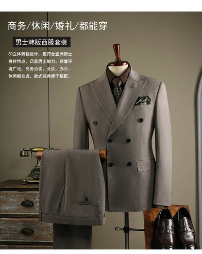 Terno Masculino de Alta Qualidade Formal Social Slim Fit Abotoamento Duplo Listrado Conjunto de Terno Noivo Casamento Roupa de Festa Smoking Roupa Masculina