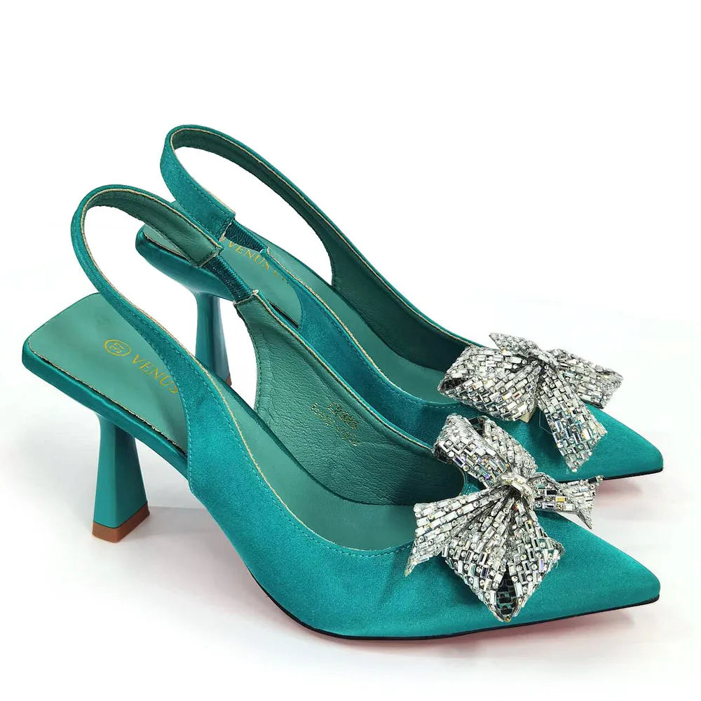Italian Design Elegant Fuchsia Bow Rhinestone Pumps with Pointed Toe for Women 2024 Party Shoes and Bags Matching Set