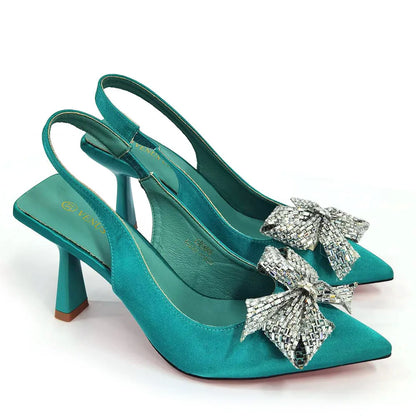 Italian Design Elegant Fuchsia Bow Rhinestone Pumps with Pointed Toe for Women 2024 Party Shoes and Bags Matching Set