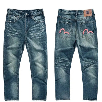 Men's Japanese Handmade Embroidered Jeans Pure Cotton Straight Tube Hip-Hop Popular Slim Red Ears Show Thin Trousers Devil Black