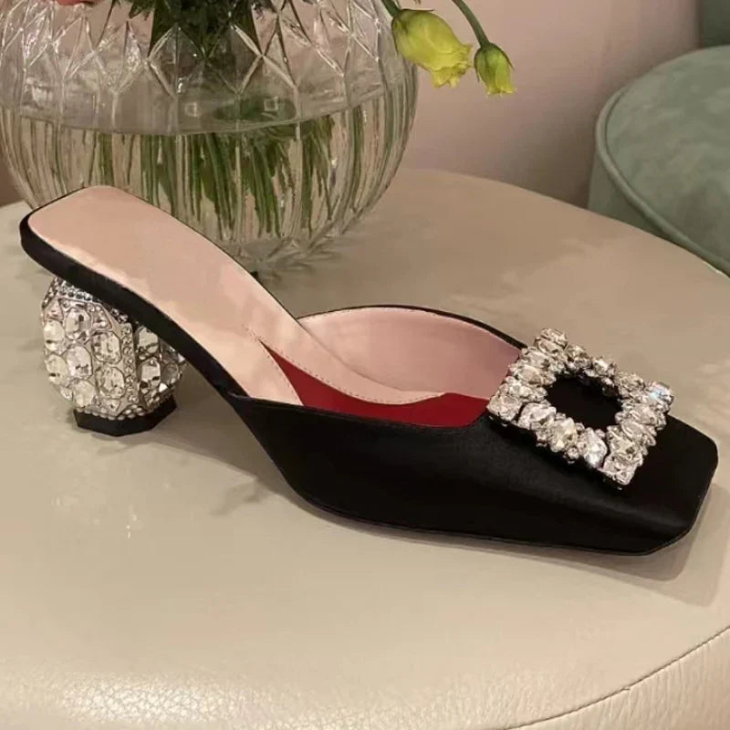 Summer Rhinestone Pumps Women Square Toe Mules Female Crystal High Heels Women Shoes Femmes Chaussures sandalias de las mujeres