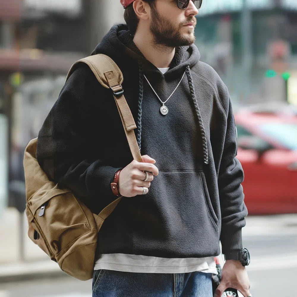 Autumn Winter Casual Heavyweight Hoodie Men's Black Versatile Thickened Fleece Pullover Loose Warm Hooded Sweatshirt