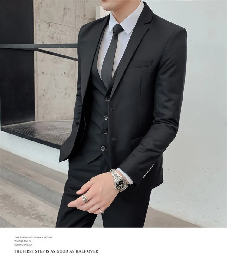 Solid Color Suit Men's Fashionable Gentleman Business Banquet Korean-style Formal Dress Casual Wedding (Blazer+Vest+Trousers)