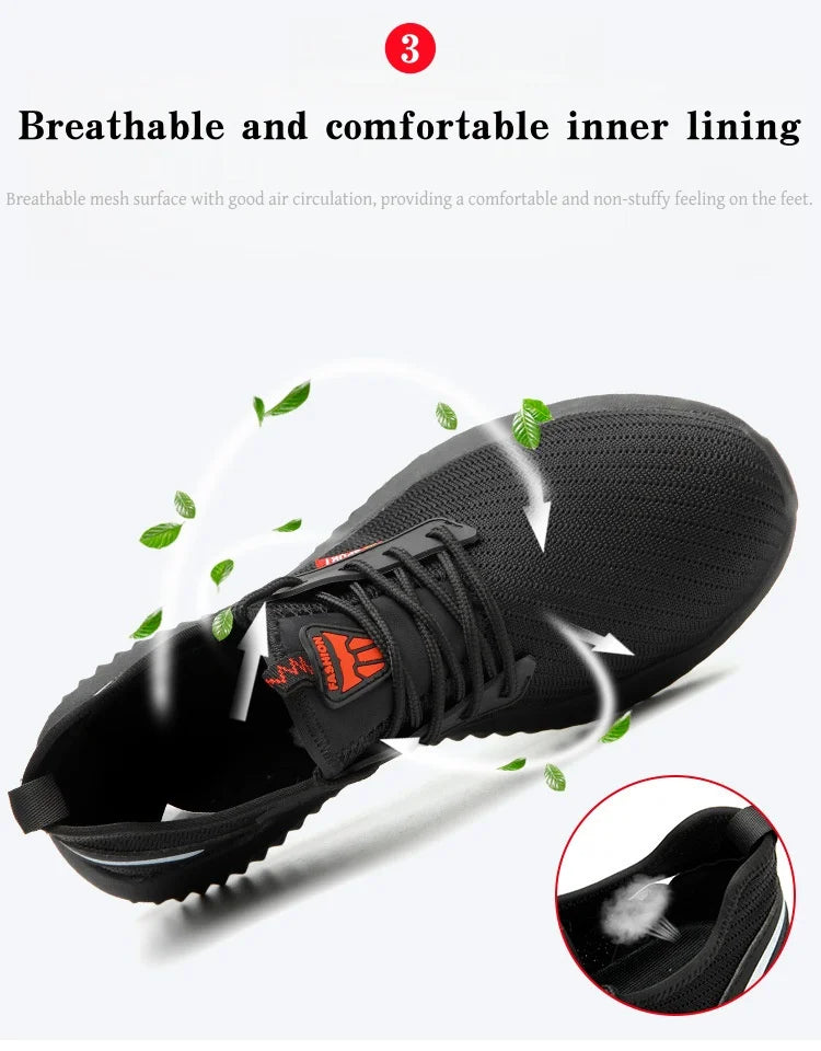Steel-toe work shoes, puncture-resistant safety boots, sturdy industrial shoes, comfortable and breathable, and slip-resistant.