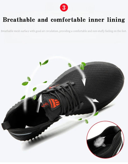Steel-toe work shoes, puncture-resistant safety boots, sturdy industrial shoes, comfortable and breathable, and slip-resistant.