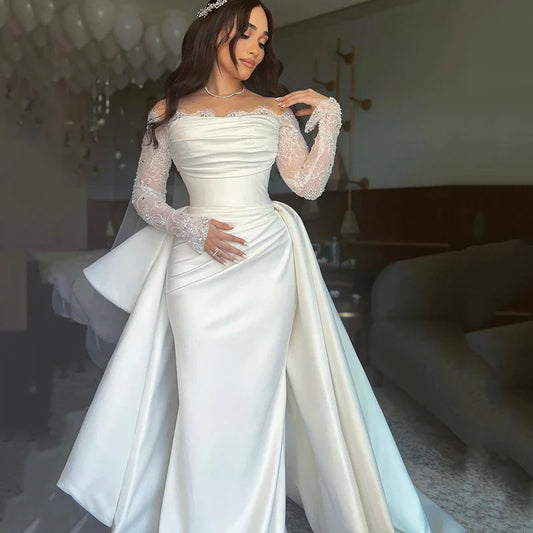 White Mermaid Wedding Dresses Formal Off The Shoulder Long Sleeve Bridal Dress Boho Beach Wedding Prom Gowns Customized