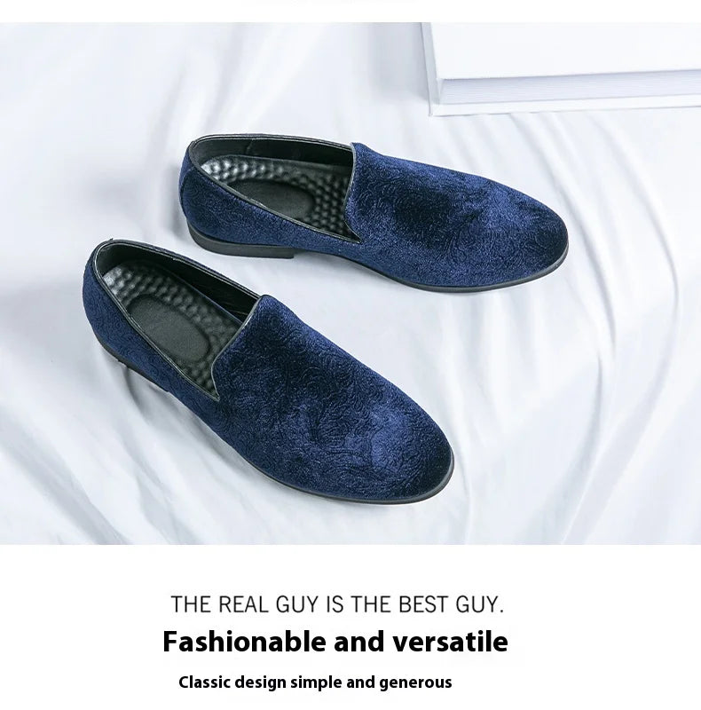 New British style men's hair stylist pattern suede lazy man slip-on bean loafers 46 plus-size pointed leather shoes