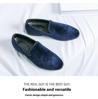 New British style men's hair stylist pattern suede lazy man slip-on bean loafers 46 plus-size pointed leather shoes