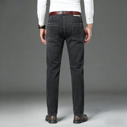 Men's retro workwear jeans, slim fit straight leg with multiple pockets, micro elastic versatile casual pants