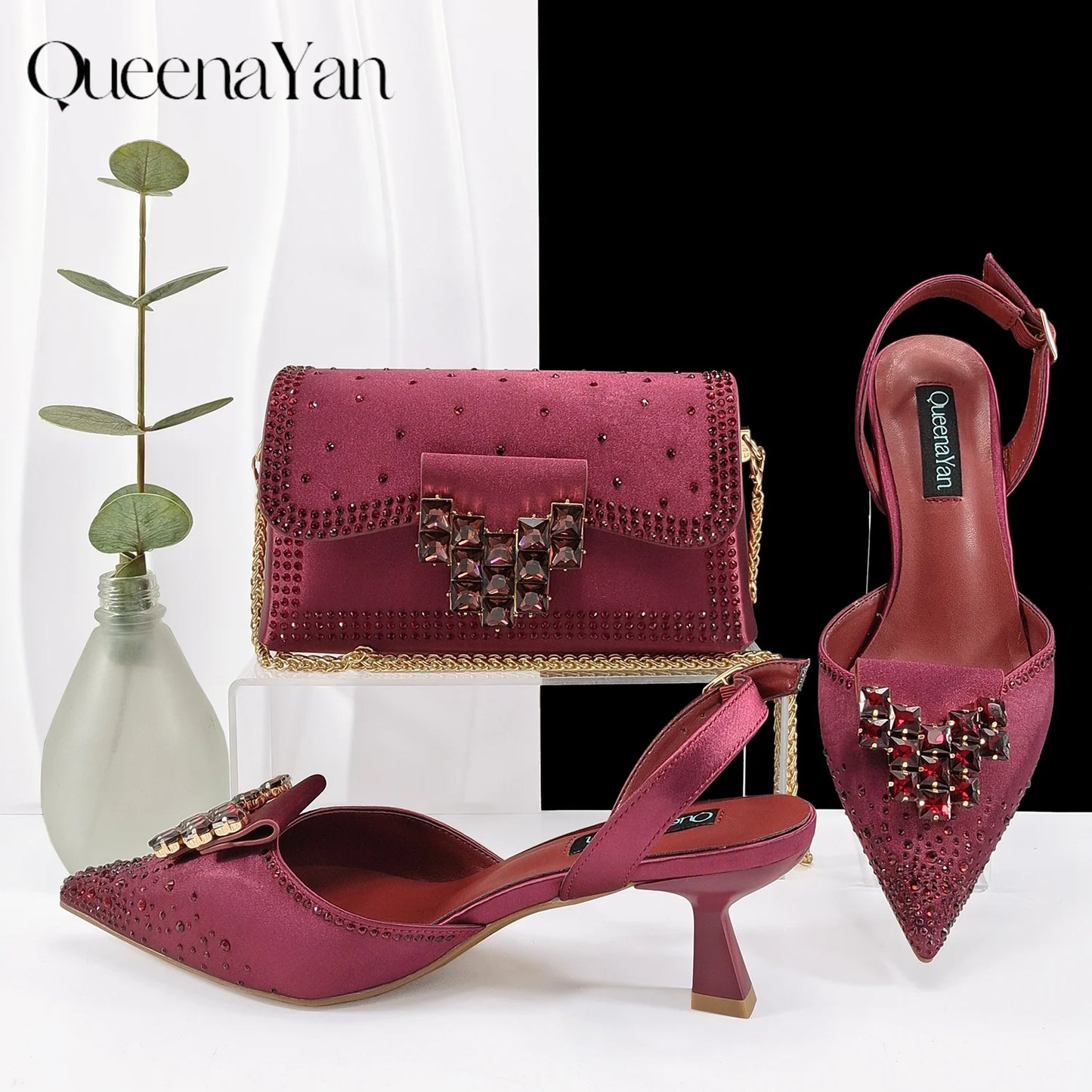 Elegant Mature Style Brown Party Wedding Pointed Toe High Heel and Bag Set With Embroider and Rhinestone