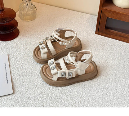 Girls' rhinestone sandals 2025 Summer New children's perforated breathable princess shoes Girls' soft-soled beach shoes