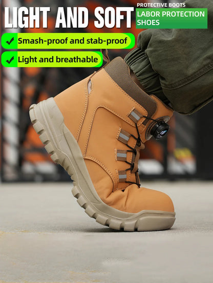 Leather Non Slip Work Boots for Men Rotating Button Safety Shoes Steel Toe Sneaker Male Puncture Proof Protective Boots