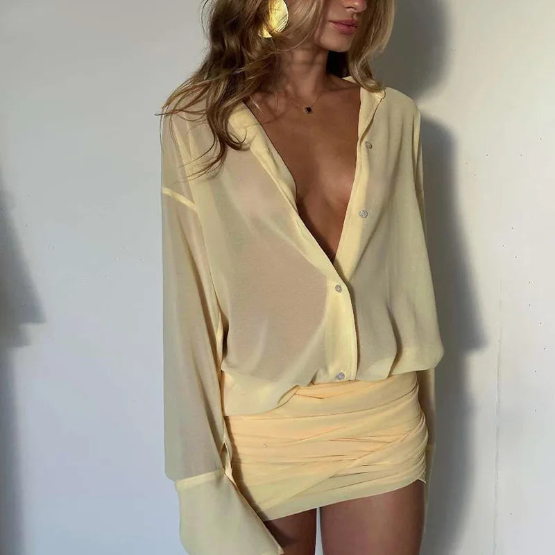 Fashion See Through Shirt Mini Dress Flare Sleeve Sexy Club Party Bandage Ruched Lapel Dresses Outfits Clothes