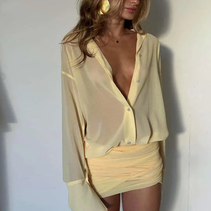 Fashion See Through Shirt Mini Dress Flare Sleeve Sexy Club Party Bandage Ruched Lapel Dresses Outfits Clothes