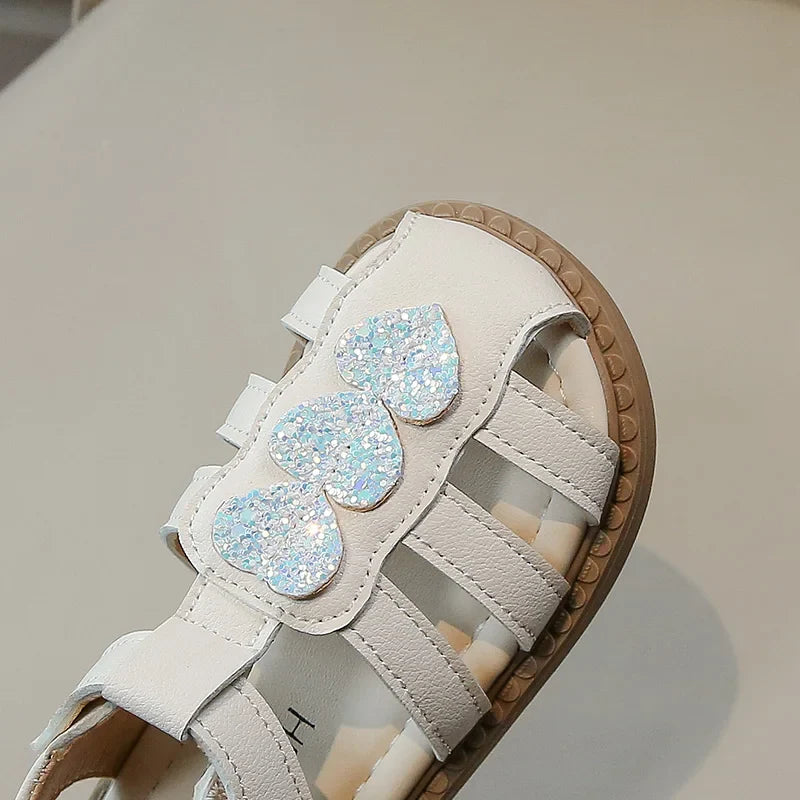 Kid Shoes Children Sandals Bling Heart-shape Summer Girl Princess Shoe Flat Heel Sandals Children Girls Performance Shoes I03022
