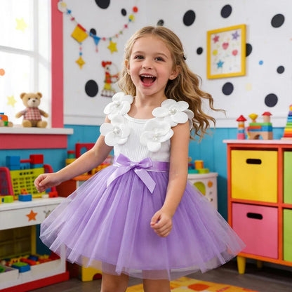 Vestido de Aniversário Infantil Menina Sem Mangas Elegante Flor 3D Tule Princesa Vestido de Verão 3-7 Anos Malha Doce Roupa Presente de Aniversário
