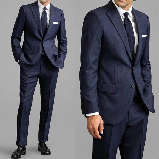 Cotton Blue Striped Classic Men's Business suit 2pc Set Suit Jacket Suit Pants Groom's Wedding Suit Gentleman's Banquet Suit