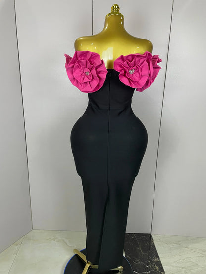 Red Flowers Sexy Off The Shoulder Ankle Lenght Bandage Dress Woman Birthday Party Vestido Wedding Party Outfit