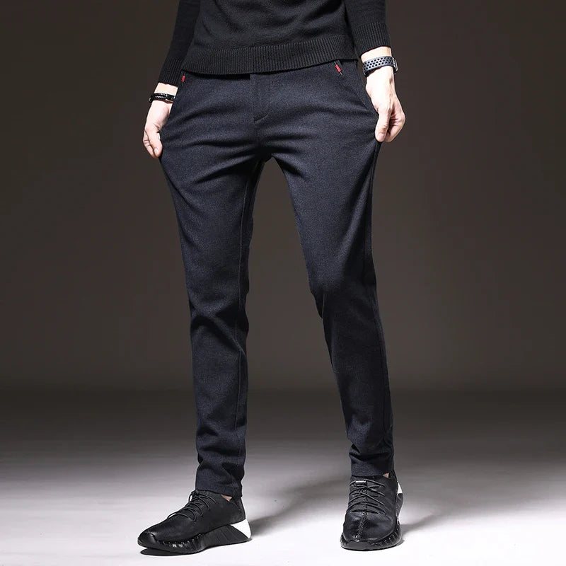 Autumn Winter Thick Men's Casual Pants Brushed Fabric Straight Slim Business Fashion Trousers Stretch Korean Male Clothing