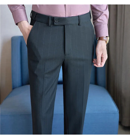 Men's Wool Blend Dress Pants, Elastic Waist Business Trousers, Tapered Slim Fit, Charcoal Gray Black Navy