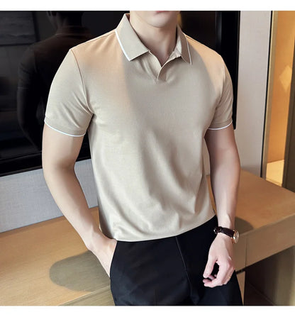 Business Casual Solid Color Men's Polo Shirt, 2024 Summer Classic, Men Short Sleeve V-neck T-shirt, Slim Fit Spliced Polo 4XL-M