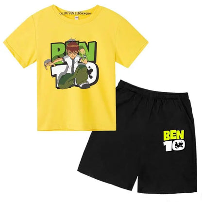 Kids Cartoon Ben Tennyson 10 Print Summer 2pcs Breathable Tees+Shorts Sports Suits 2-13Years Boys Girls Outfits Children Clothes